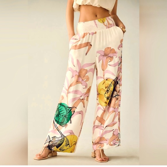 Anthro Maeve Pia Binazzi Smocked Floral Fish Wide-Leg Pants S - Picture 2 of 16
